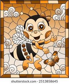 An illustration in the style of a stained glass window with a cute cartoon bee on a blue sky background, a rectangular image in a frame, tone brown