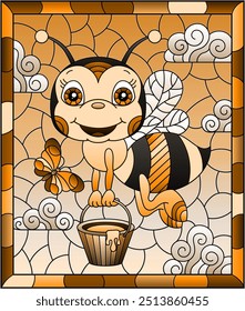 An illustration in the style of a stained glass window with a cute cartoon bee on a blue sky background, a rectangular image in a frame, tone brown