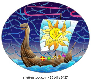 An illustration in the style of a stained glass window with an ancient Viking boat on the background of the ocean and sky