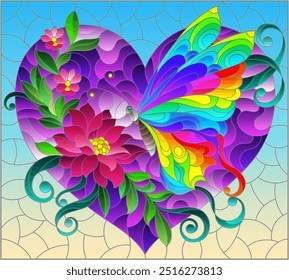 An illustration in the style of a stained glass window with a bright butterfly , lotus flower and heart on a blue background