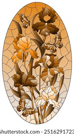 An illustration in the style of a stained glass window with a composition of iris flowers and butterflies, tone brown