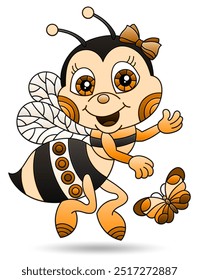 An illustration in the style of a stained glass window with a cartoon bee, the animal is isolated on a white background, tone brown