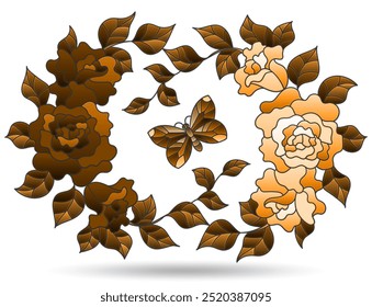 Illustration in the style of a stained glass window with a flower wreath and a butterfly, isolated on a white background, tone brown