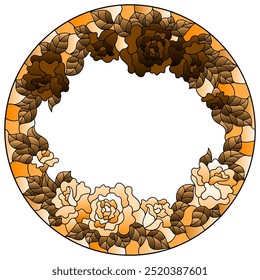 Illustration in the style of a stained glass window with a floral wreath of roses and on a white background, round image, tone brown