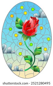 An illustration in the style of a stained glass window with a bright rose flower on a background of blue sky and clouds