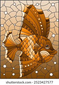 Illustration in the style of a stained glass window with a fish scalar on a background of water, rectangular image, tone brown