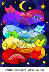 An illustration in the style of a stained glass window with bright cats on the background of the night sky with the moon and stars