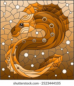 Illustration in the style of a stained glass window with a fish scalar on a background of water, rectangular image, tone brown