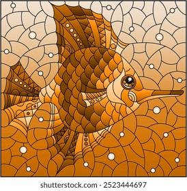 Illustration in the style of a stained glass window with a fish scalar on a background of water, rectangular image, tone brown