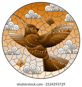 An illustration in the style of a stained glass window with a bright cartoon hummingbird bird on a background sky and clouds, oval image, tone brown