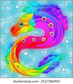 Illustration in the style of a stained glass window with a bright rainbow fish scalar on a background of blue water, rectangular image