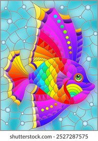 Illustration in the style of a stained glass window with a bright rainbow fish scalar on a background of blue water, rectangular image