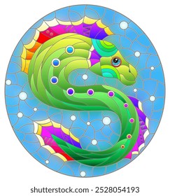 Illustration in the style of a stained glass window with a bright rainbow fish scalar on a background of blue water, oval image