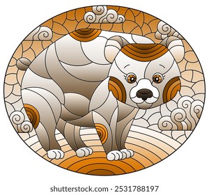 Illustration in the style of a stained glass window with a cute cartoon polar bear on the background of snow and a cloudy sky, oval image, tone brown