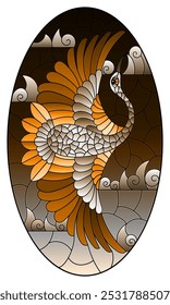 An illustration in the style of a stained glass window with a bird on a background of sky and clouds, oval image, tone brown