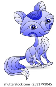 Illustration in the style of a stained glass window by a cute cartoon fox, the animal is isolated on a white background, tone blue