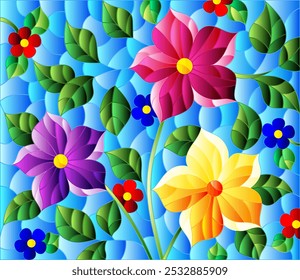 Illustration in the style of a stained glass window with a floral arrangement on a blue background, rectangular image