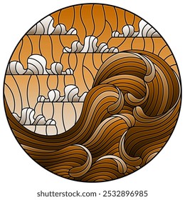 Illustration in the style of a stained glass window with a seascape, waves, and a cloudy sky, round image, tone brown