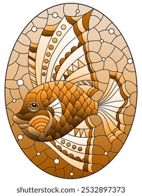 Illustration in the style of a stained glass window with a fish scalar on a background of water, oval image, tone brown