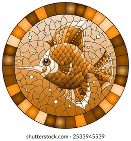 Illustration in the style of a stained glass window with a fish scalar on a background of water, oval image in frame, tone brown