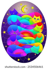 An illustration in the style of a stained glass window with bright cats on the background of the night sky with the moon and stars