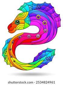 Illustration in the style of a stained glass window with bright rainbow fish, animal isolated on a white background