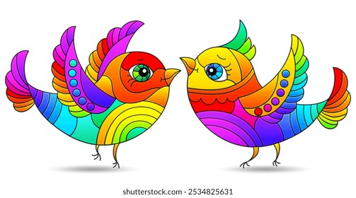 An illustration in the style of a stained glass window with bright cute birds, animals isolated on a white background