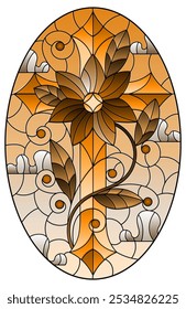 An illustration in the style of a stained glass window with a Christian cross with a flower on a background of sky and clouds, oval imagen tone brown