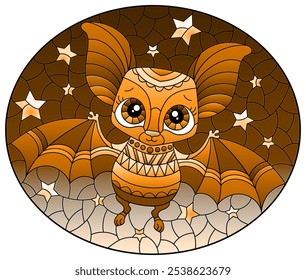 Illustration in the style of a stained glass window with a cute cartoon bat, an animal on the background of a starry night sky, oval image, tone brown