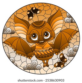 Illustration in the style of a stained glass window with a cute cartoon bat, an animal on the background of a cloudy sky, oval image, tone brown