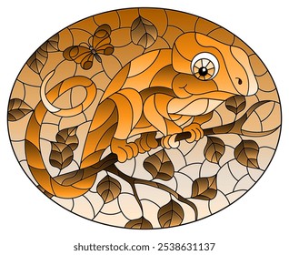 An illustration in the style of a stained glass window with a cartoon chameleon on a tree branch on a sky background, a oval image, tone brown