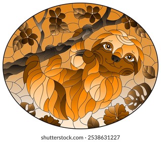 An illustration in the style of a stained glass window with a cute cartoon sloth, on a tree branch, a oval image, tone brown