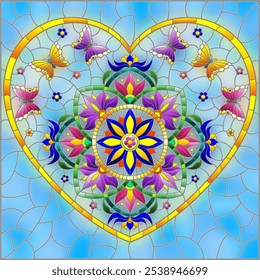 An illustration in the style of a stained glass window with an abstract heart with bright flowers and butterflies on a blue background