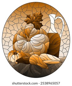 Illustration in the style of a stained glass window with a vegetable still life, vegetables ,oval image, tone brown