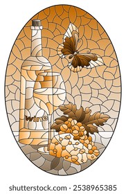 An illustration in the style of a stained glass window with a still life with a bottle of wine, cheese and grapes, a still life, a oval image, tone brown