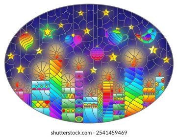 An illustration in the style of a stained glass window on the theme of New year and Christmas with bright curly candles and Christmas tree toys on a blue background, oval image