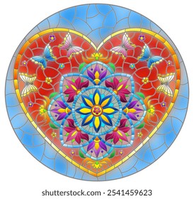 An illustration in the style of a stained glass window with an abstract heart with bright flowers and butterflies on a blue background