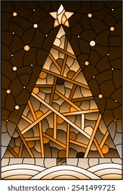 An illustration in the style of a stained glass window with a Christmas tree on a background of snow and a starry sky, tone brown