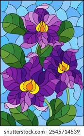 An illustration in the style of a stained glass window with orchid flowers on a blue sky background