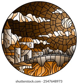 An illustration in the style of a stained glass window with an urban landscape, a house against the background of water and night sky, oval image, tone brown