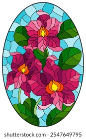 An illustration in the style of a stained glass window with orchid flowers on a blue sky background