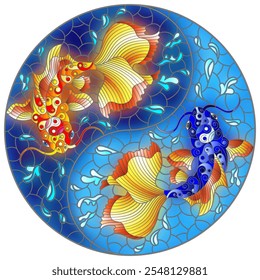 An illustration in the style of a stained glass window with koi carp on a background of water in the form of a yin yang sign