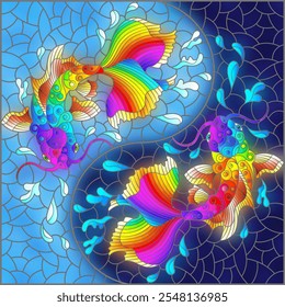 Una ilustración en el estilo de una vidriera con carpa koi sobre un fondo de agua en forma de un signo de yin yang