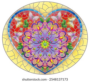 An illustration in the style of a stained glass window with an abstract heart with bright flowers and butterflies on a yellow background