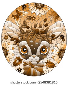 An illustration in the style of a stained glass window with a cute cartoon fawn on a background of leaves, flowers and the sky, oval image, tone brown