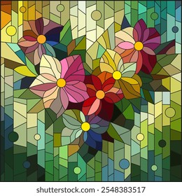 An illustration in the style of a stained glass window with bright flowers on a geometric background