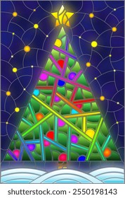 An illustration in the style of a stained glass window with a bright Christmas tree on a background of snow and a starry sky