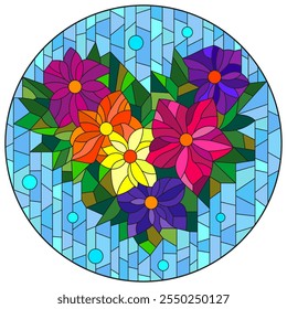 An illustration in the style of a stained glass window with bright flowers on a geometric background