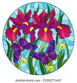 An illustration in the style of a stained glass window with bright iris flowers and butterflies on a blue sky background