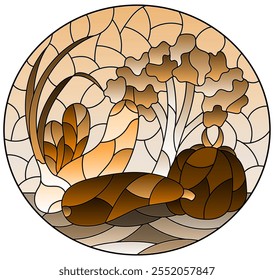 An illustration in the style of a stained glass window with a composition of ripe fresh vegetables on a table , oval image, tone brown